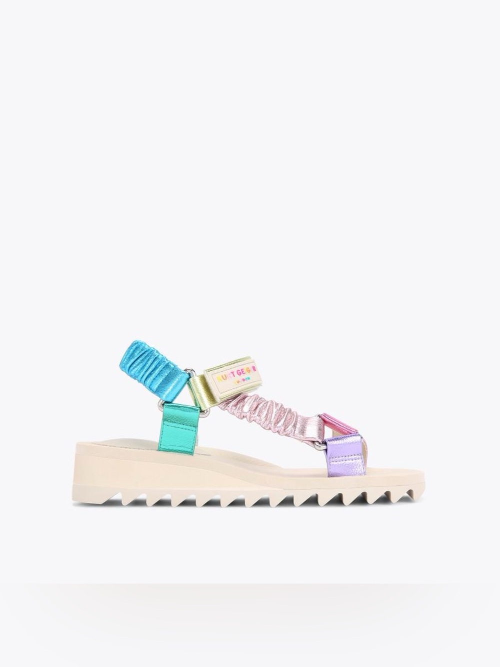 Women’s 5 Kurt Geiger London Leather Metallic Teal Ruched Sandals Treaded Sole